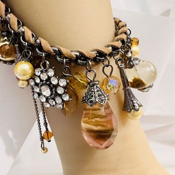 Art Glass Dangle Charm Bracelet Faux Pearl Leather Rhinestone Dangle Earth Tone - Picture 2 of 13
